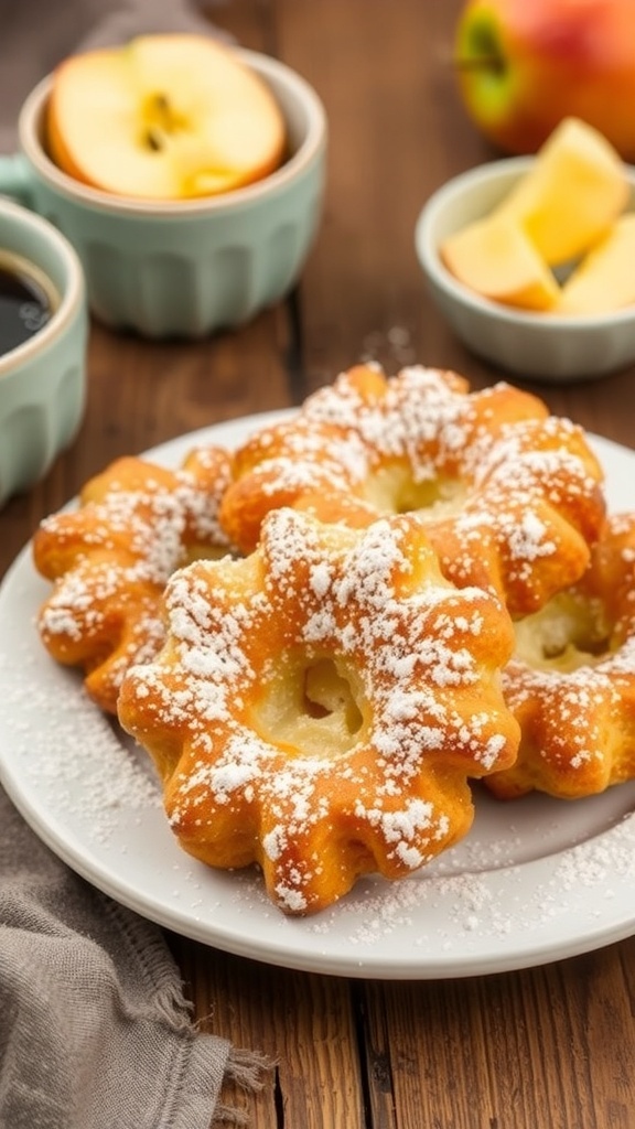 Golden brown apple fritters dusted with powdered sugar on a rustic wooden table.